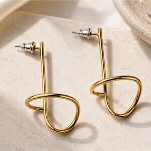 Gold Tone Abstract Loop Drop Earrings Modern Minimalist Geometric Statement